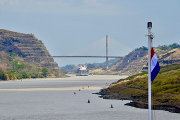 Panama Canal Culebra Cut, formerly called Gaillard Cut and Centennial Bridge in the distance