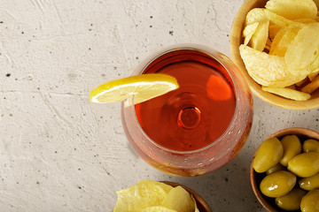 italian appetizer with spritz and chips for happy hour