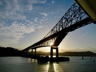 Fototapeta na wymiar Bridge of the Americas at Sunset as seen from the Panama Canal