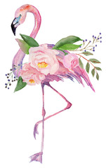 Watercolor illustration of flamingo and flowers, for wedding cards, romantic prints, fabrics, textiles and scrapbooking.