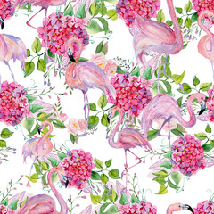 Watercolor seamless pattern of flamingo, for wedding cards, romantic prints, fabrics, textiles and scrapbooking. - 341372092