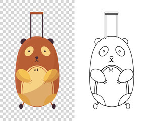 Childish cute bag in the form of a bear for trips. Wheeled child handle travel bag. Backpack for school children, students, travelers or tourists. Fashionable bag for kids and adults