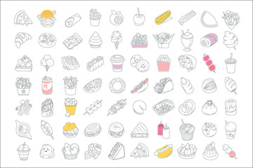 Set of line vector icons of street food and fast foods from different countries of the world. Images are adjustable and resizable.