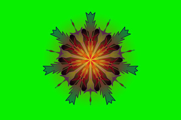 Decorative geometric mandala with orange, red, purple and green seven-pointed star. Modern abstract symmetric ornament in shape of snowflake
