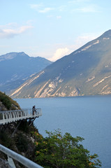 Terraced bike path over Lake Garda. Ciclopista del Garda. Limone sul Garda, Italy