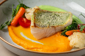 Pike perch fillet with vegetables on a white plate