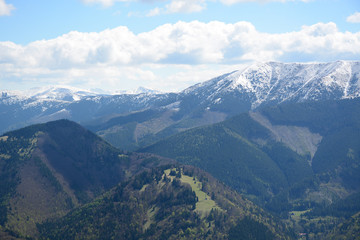 Naklejka premium Donovaly, Slovakia - May 10, 2019: Beautiful view from the top of the mountains in the late spring