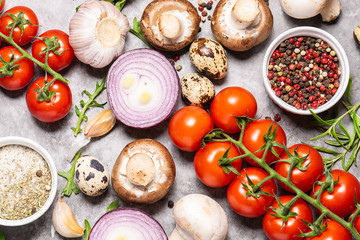 Healthy and organic food background. Vegetables, mushrooms and spices top view. Ingredients for cooking.