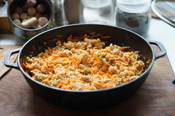 Cooking at home kitchen chicken meat side dish. Cook fry minced meat with vegetables.