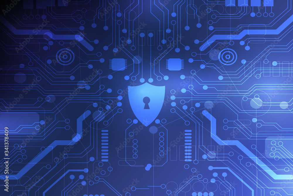 Poster Shield with keyhole icon on blue digital data background