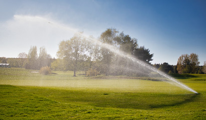 A Sprinkler fountain shooting water over a golf course with green grass and a blue sky. 