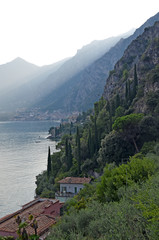 Fototapeta na wymiar View from terraced bike path over Lake Garda. Ciclopista del Garda. Limone sul Garda, Italy