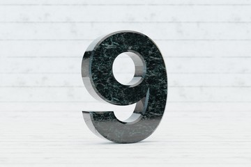 Marble 3d number 9. Dark green marble number on white wood background. 3d render.