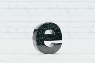 Obraz na płótnie Canvas Marble 3d letter E lowercase. Dark green marble letter on white wood background. 3d render.