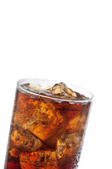 A tall glass with ice and refreshing cola like colored drink.