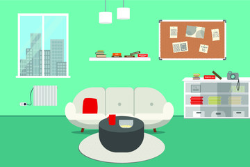 Living room interior concept with modern furniture set flat vector illustration .  Cozy interior with sofa
