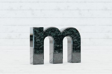 Marble 3d letter M lowercase. Dark green marble letter on white wood background. 3d render.