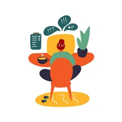 Girl sitting at computer. Online training, work from home, online courses, video conferencing, online meetings. Communication on the Internet, social networks, dating site. Hand drawn flat