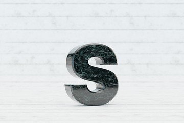 Marble 3d letter S lowercase. Dark green marble letter on white wood background. 3d render.