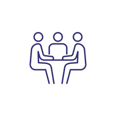 Communication line icon. People sitting at table. Business meeting concept. Can be used for topics like job interview, negotiation, conference