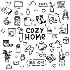 
cozy home set. Pack of home quarantine self-isolation icons. Stay home set with a kettle, cup, washing machine, mug, socks, flowers, a lamp, a book, etc. Coronavirus prevention