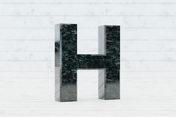 Marble 3d letter H uppercase. Dark green marble letter on white wood background. 3d render.