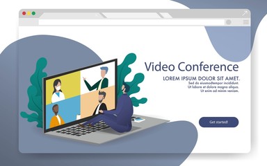 Video conference landing page People on computer screen taking with colleague via internet
