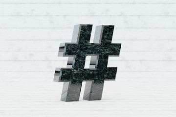 Marble 3d hashtag symbol. Dark green marble sign on white wood background. 3d render.