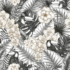 Exotic flowers and leaves minimalist seamless pattern. Tropical style. Vector illustration