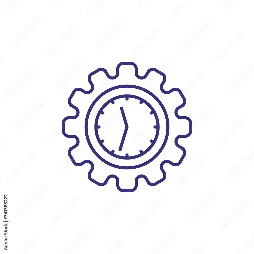 Poster time management line icon. clock in cogwheel. daily routine concept. can be used for topics like bus
