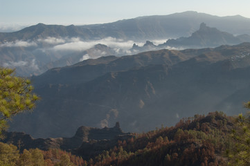 Landscape with the Roque Bentaiga in The Nublo Rural Park. Gran Canaria. Canary Islands. Spain.