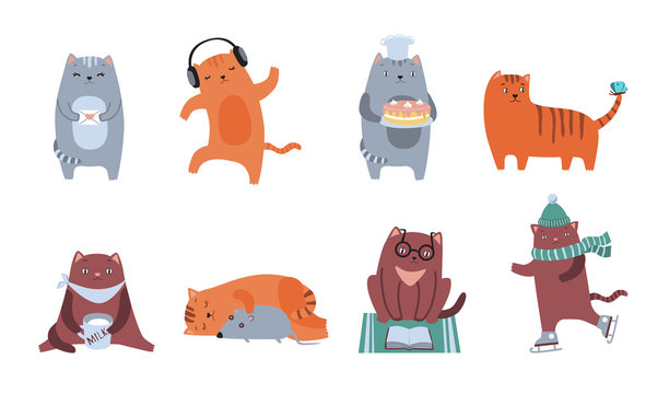 Cute cats flat icon kit. Fluffy feline characters sitting, sleeping, dancing, playing, reading, drinking isolated vector illustration collection. Domestic animals and pets concept