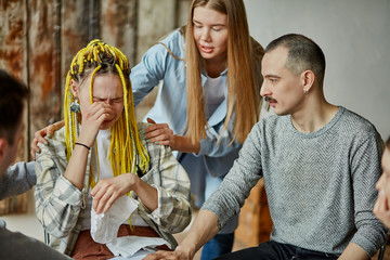 woman is ashamed to admit his alcohol addiction, sad female share her experience with people having same problem. isolated