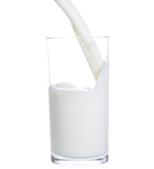 pouring milk in glass isolated on white background