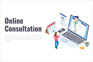 Woman do online consultation to a doctor from laptop device with user rating information. Online Medical consultation header concept for Website, Header, Home Page. Isometric illustration. - Vector