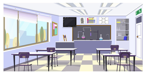 Chemistry classroom with flasks on table illustration. Clean classroom with desks and shelves with laboratory glassware. School illustration