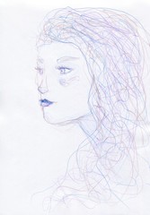 Blue and violet lines profile portrait of abstract woman with long hair looking away 