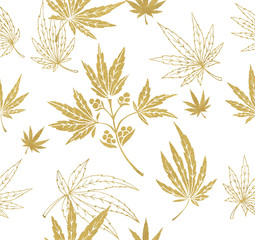 Pattern with golden plants and cannabis leaves on a white background.