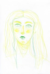 Abstract woman's face in yellow and green colors - colored pencils illustration isolated on white background 