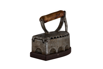 vintage antique iron with wooden handle isolated on white background