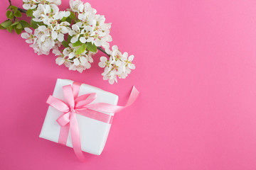 Gift with pink bow and white flowering  tree branch on the pink background. Top view. Copy space.