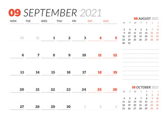 Calendar page for September 2021. Monthly planner. Stationery design. Week starts on Monday.
