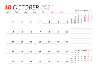 Calendar page for October 2021. Monthly planner. Stationery design. Week starts on Monday.