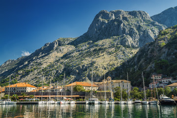 Sunny morning panoramic view of Kotor bay near old town, Montenegro.