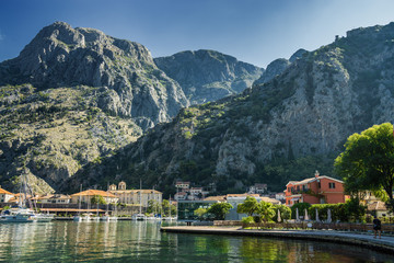 Fototapeta na wymiar Sunny morning panoramic view of Kotor bay near old town, Montenegro.