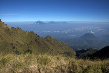Landscape view from the merbabu mountain hiking trail. Central Java/Indonesia.