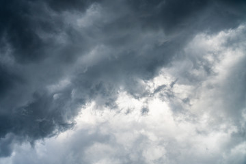 Background of beautiful dark clouds before a raining and thunder-storm. A dramatic sky with gray dense clouds. view from ground surface.sad feel.