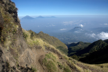 Landscape view from the merbabu mountain hiking trail. Central Java/Indonesia