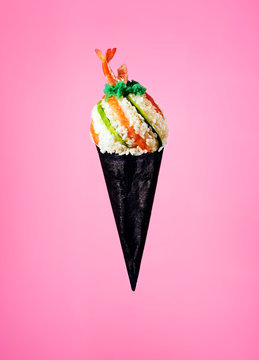 Sushi ice cream cone with rice, wasabi, salmon and prawn