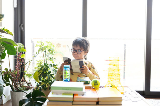 Portrait of little boy reading comic at home